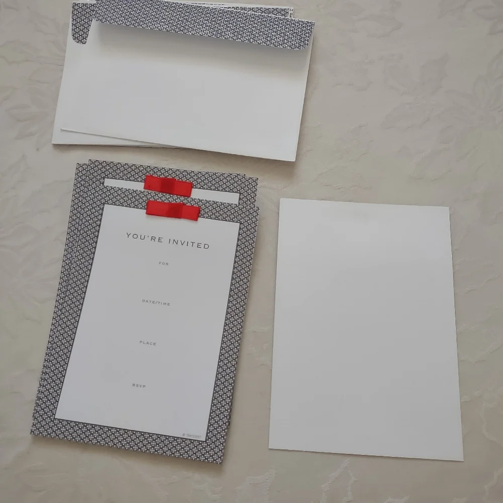 Decorative black white lace print red bow You're Invited cards